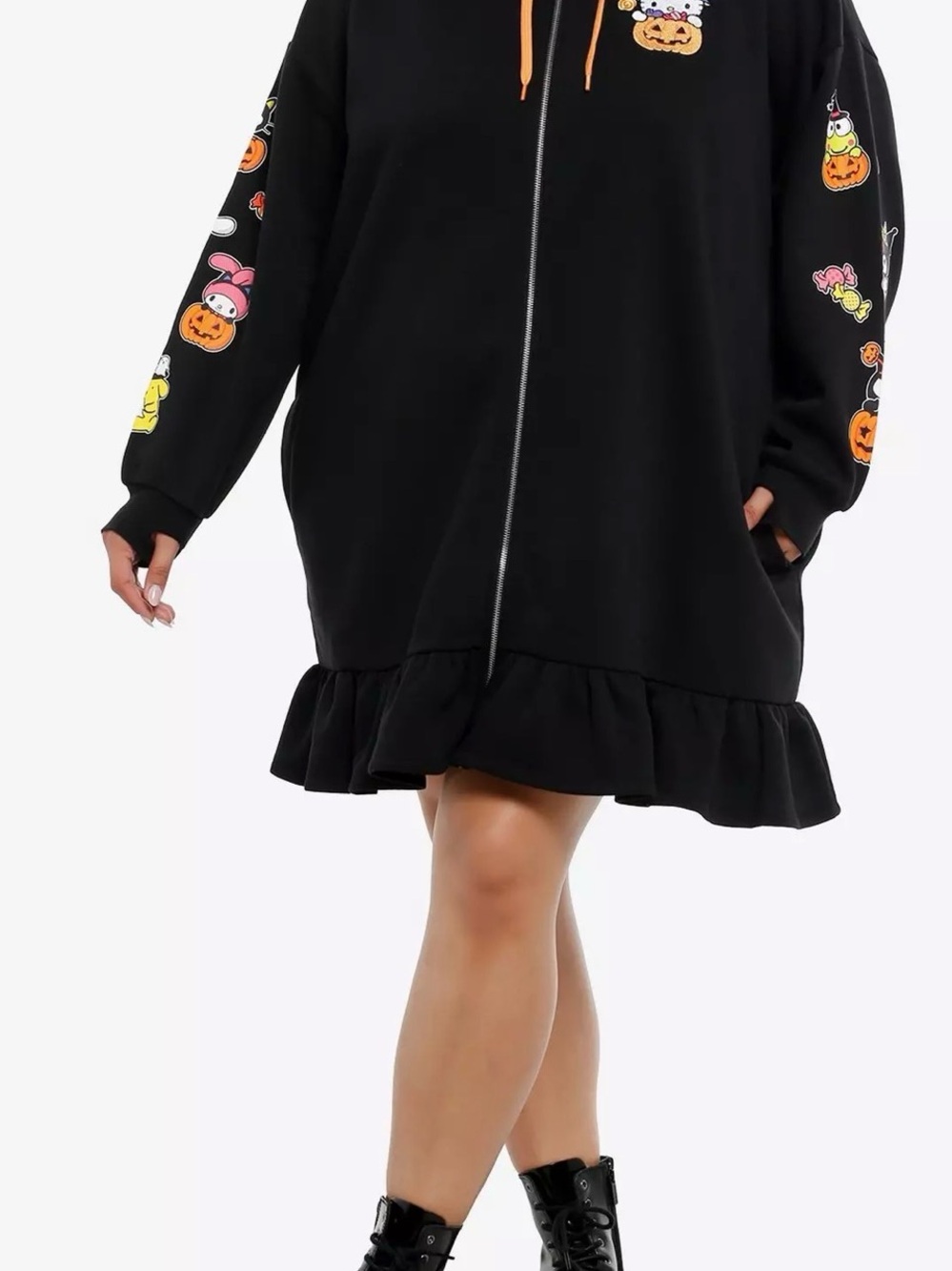 Hello Kitty Black Zip-Up Ruffle Hem Bomber Dress with Orange Drawstrings